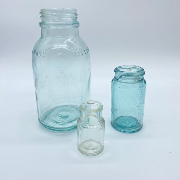 Vintage Lot of 3 Mellin's Food Jar Variety Glass Aqua Blue Clear 1 UV Reactive - Picture 4 of 16
